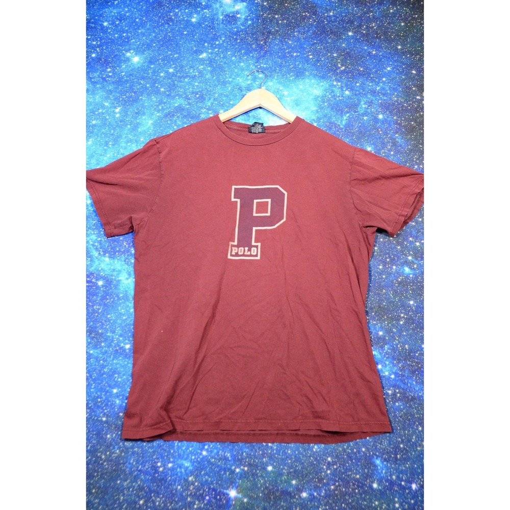 Polo Ralph Lauren Shirt Mens Large Red P Logo College Varsity Crewneck Tee‎